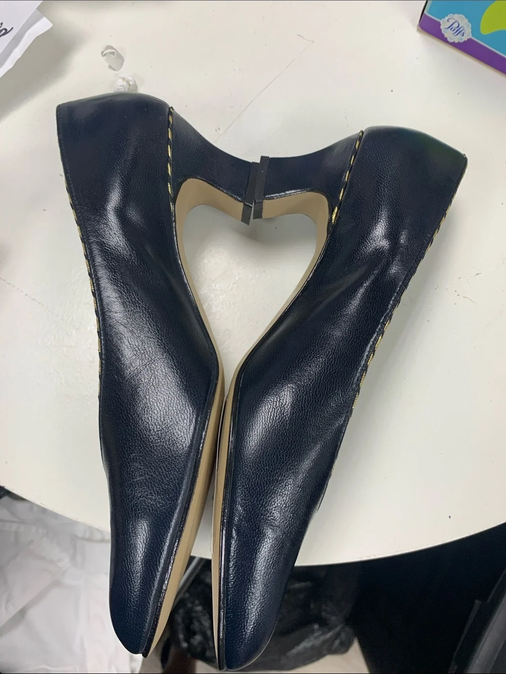 Black Pointed Leather Flats with Gold Braid Trim